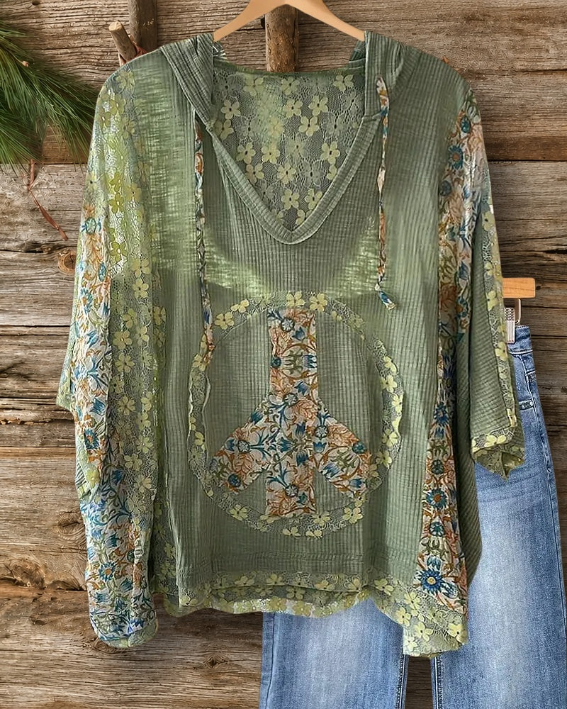 Peace Applique Mixed Patchwork Chic Hooded Batwing Sleeve Sweatshirt