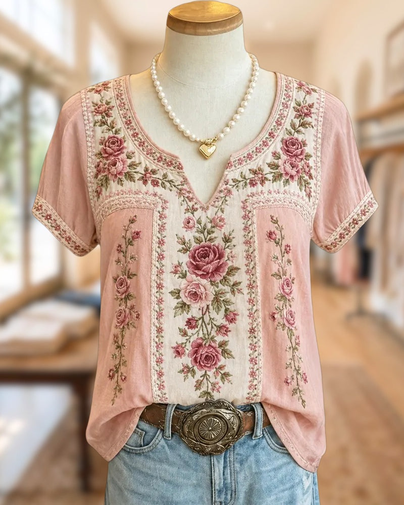 Floral Embroidered V Neck Short Sleeve Relaxed Fit Blouse