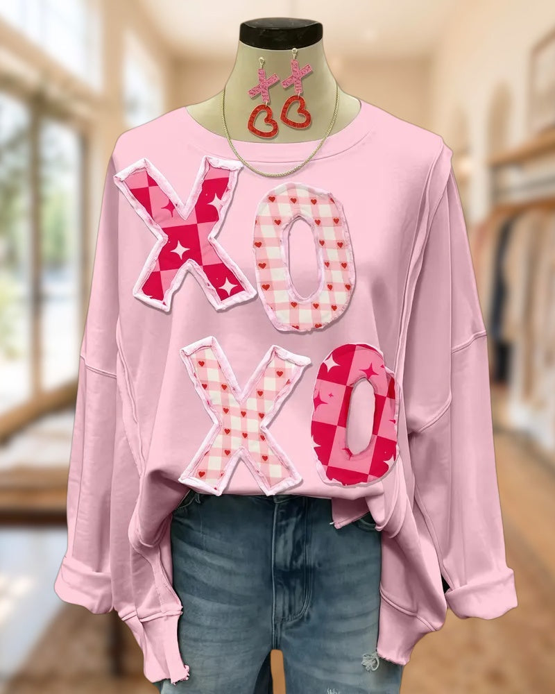 XOXO Applique Oversized Round Neck Shirt