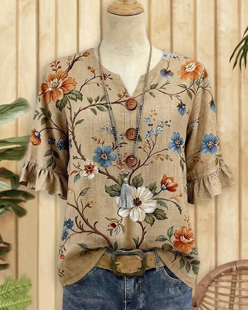 Floral Print Button Decor V Neck Ruffle Sleeve Casual Blouse