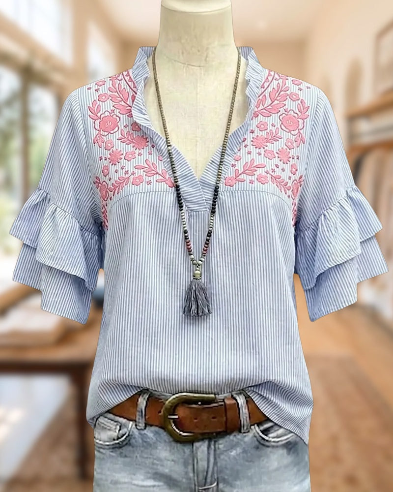 Striped Floral Embroidery Tiered Ruffle Sleeve V Neck Blouse