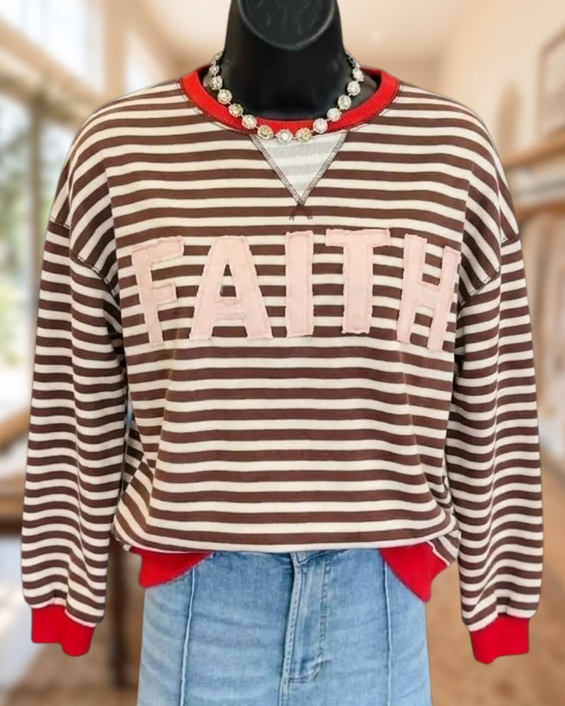 Striped Letter Applique Contrast Trim Crew Neck Sweatshirt