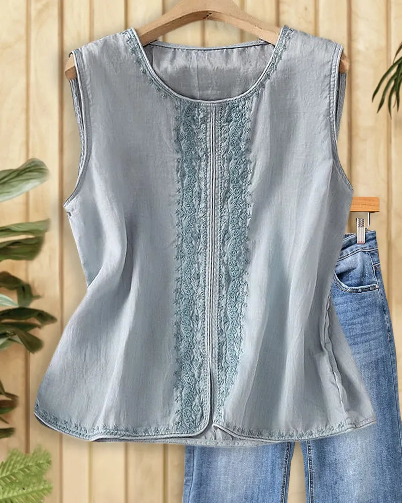 Round Neck Embroidered Sleeveless Split Hem A-Line Top