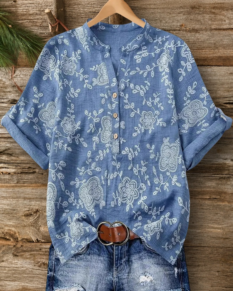 Floral Embroidery Half Button Rolled Sleeve Loose Casual Blouse