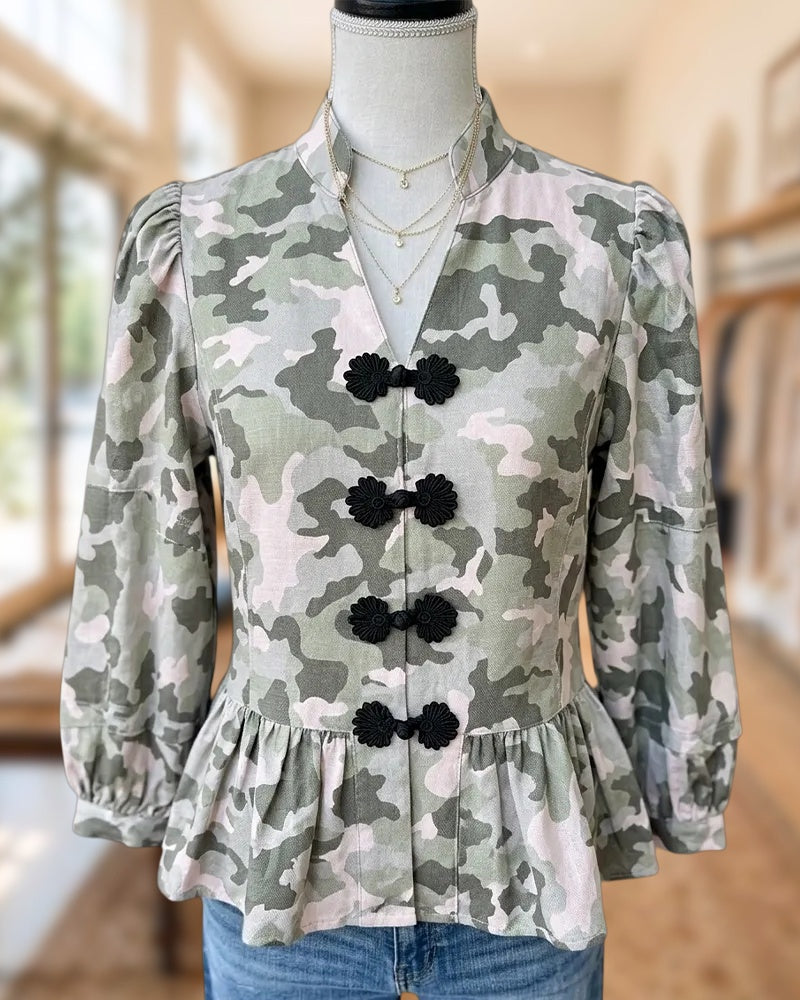 V Neck Frog Button Peplum Puff Sleeve Camo Print Blouse