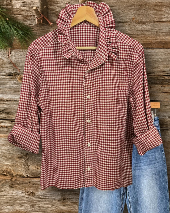 Ruffled Collar Gingham Button Front Chest Pocket Rolled Cuff Shirt