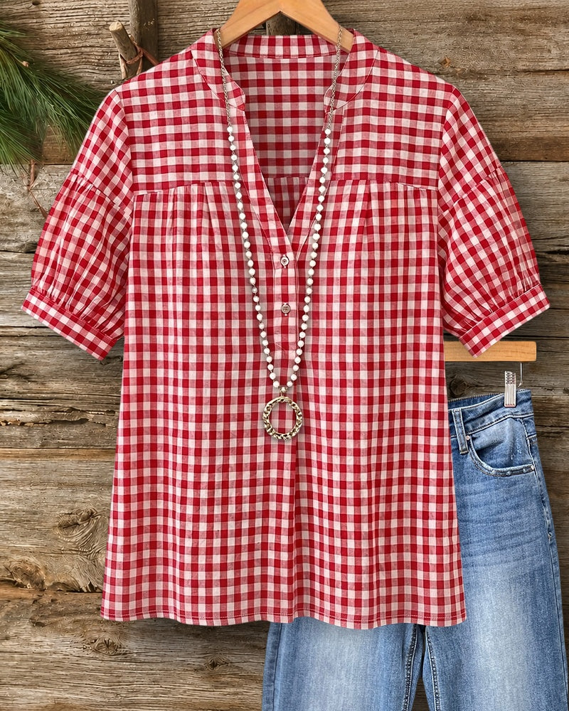 V Neck Half Button Placket Short Sleeve Gingham Blouse