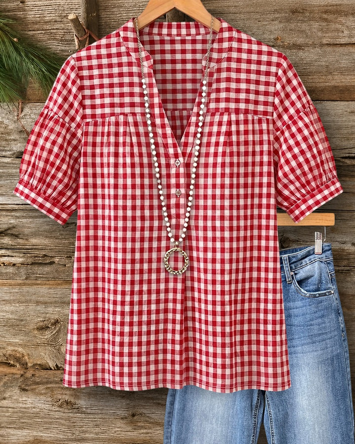 V Neck Half Button Placket Short Sleeve Gingham Blouse