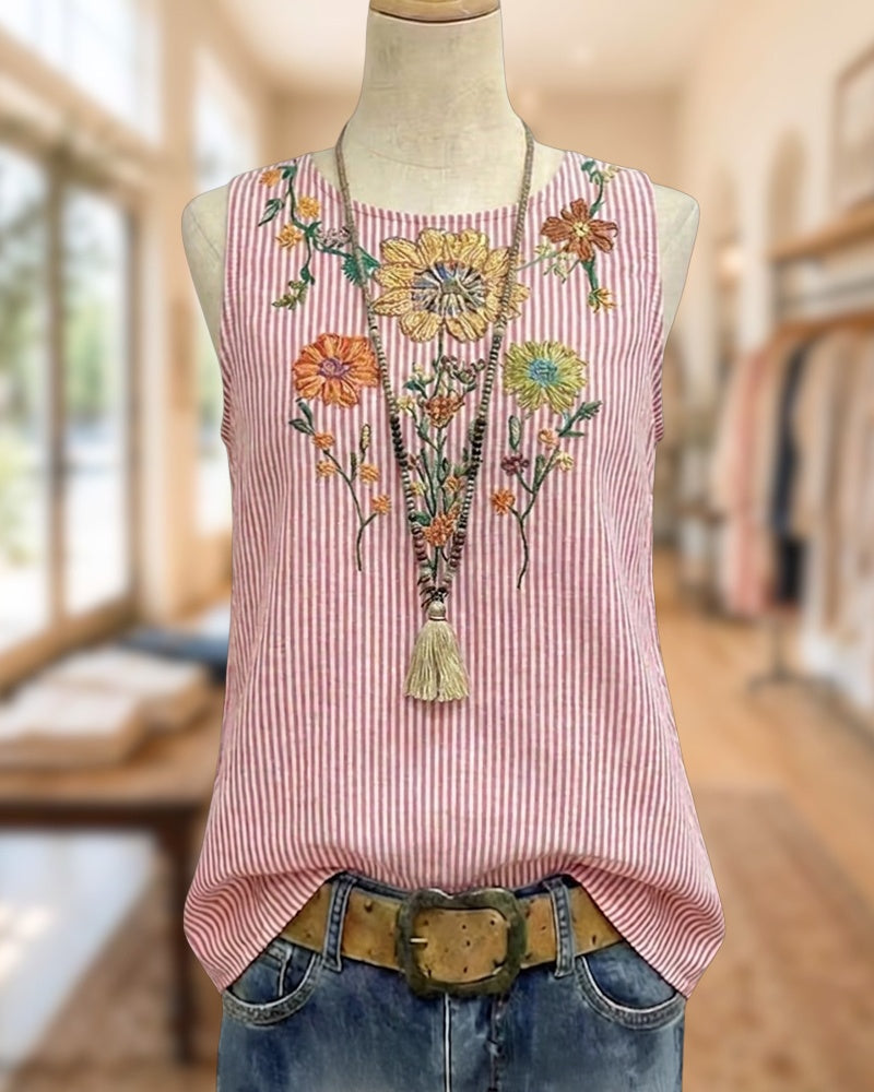 Striped Floral Embroidery Sleeveless Loose Fit Casual Tank Top