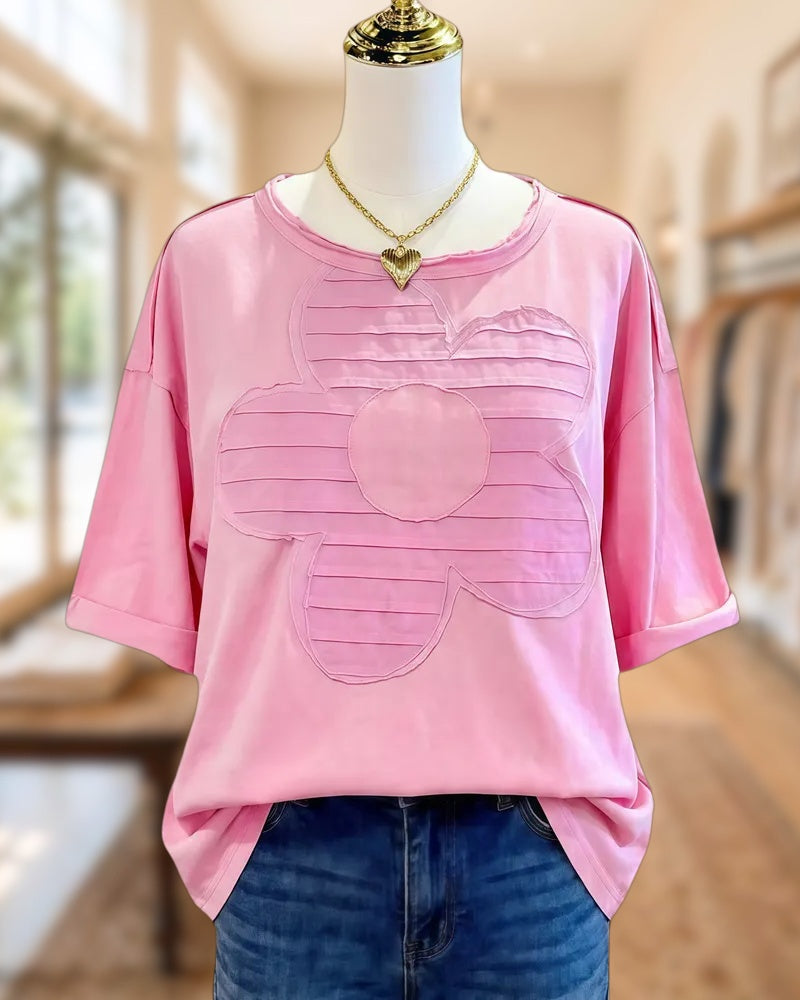 Flower Applique Pretty Round Neck Shirt