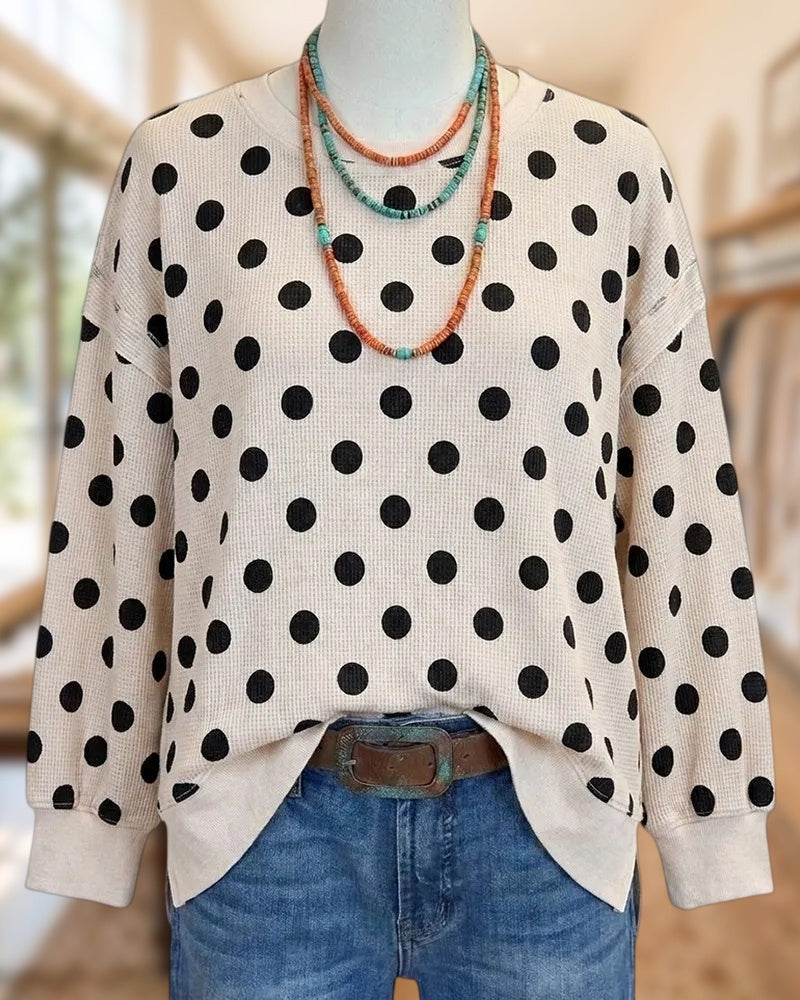Polka Dot Crew Neck Long Sleeve Cozy Chic Sweatshirt