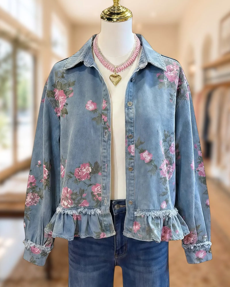 Floral Print Denim Girly Peplum Button Up Jacket