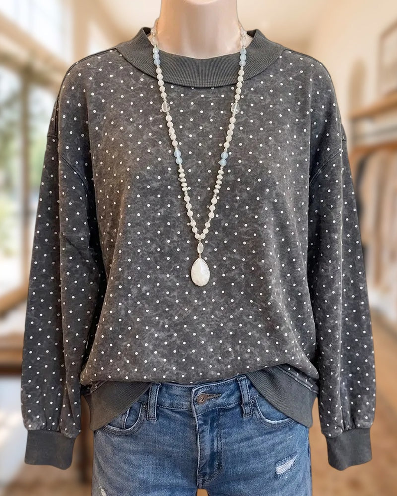 Polka Dot Drop Shoulder Long Sleeve Crew Neck Casual Sweatshirt