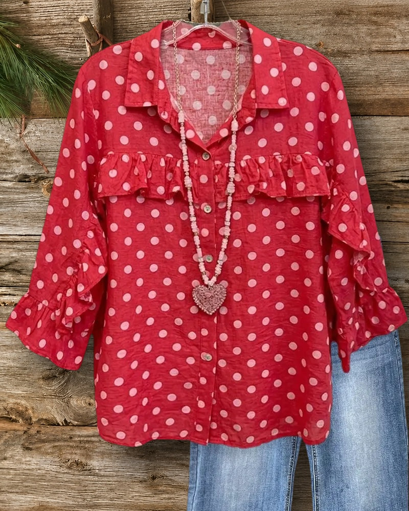 Polka Dot Ruffled Decor Collared Button Front 3/4 Sleeve Blouse