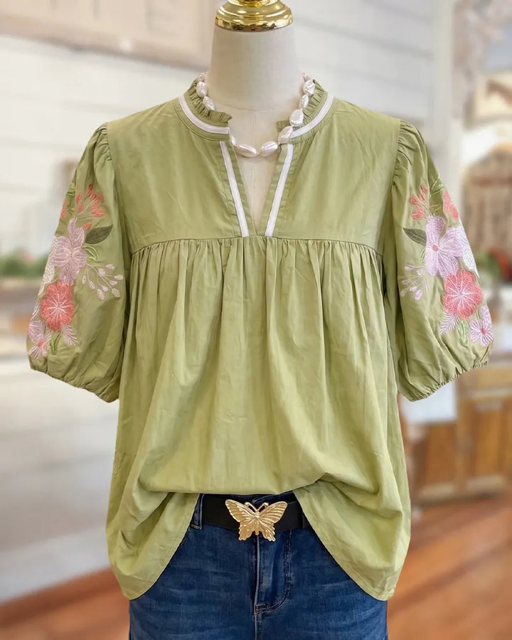 Floral Embroidered Puff Sleeve V Neck Gathered Casual Blouse