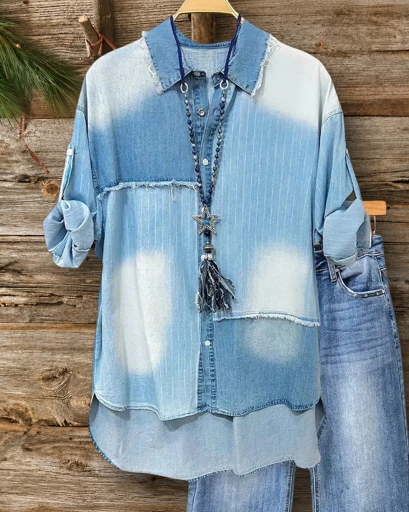 Denim Print Patchwork Gradient Chic Button Down Blouse