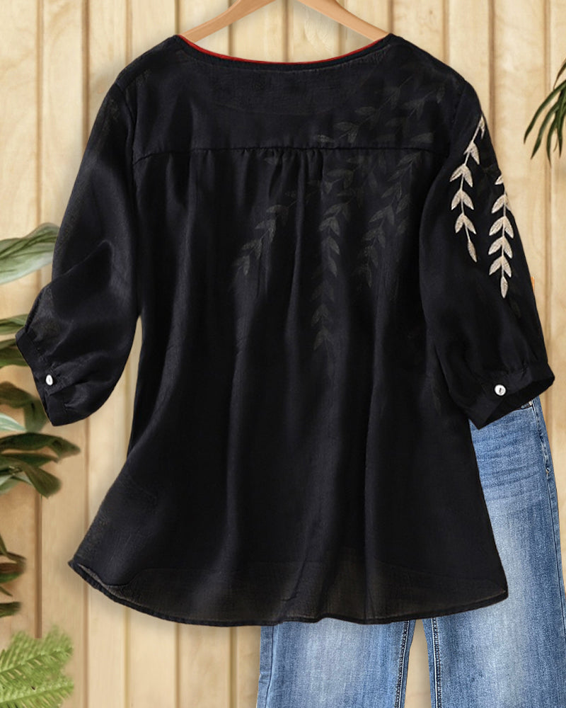 Embroidered Leaf Contrast Trim High Low Hem 3/4 Sleeve Blouse