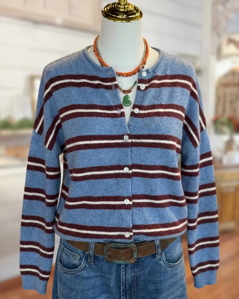 Striped Button Front Long Sleeve Relaxed Fit Knit Cardigan