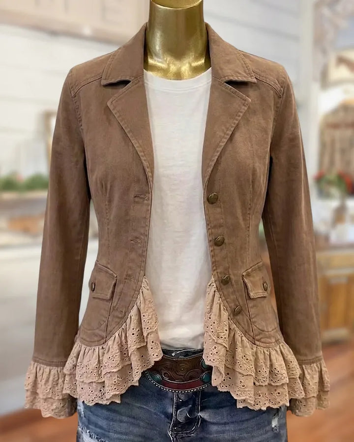 Notched Lapel Denim Jacket With Tiered Lace Ruffled Hem