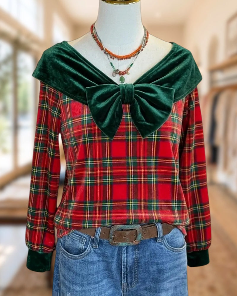 Off Shoulder Bow Detail Plaid Long Sleeve Casual Top