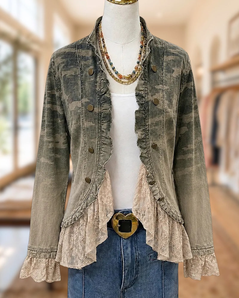 Gradient Camouflage Denim Ruffle Trim Lace Detail Open Front Jacket