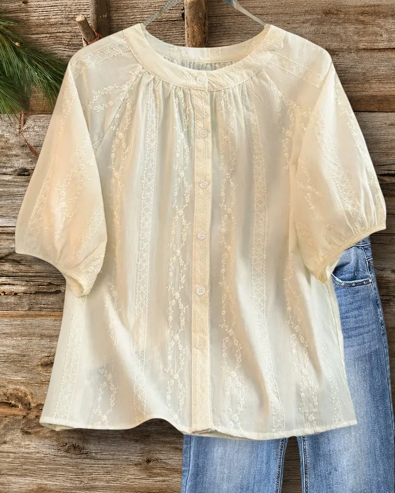 Embroidered Raglan Sleeve Button Front Round Neck Loose Fit Blouse