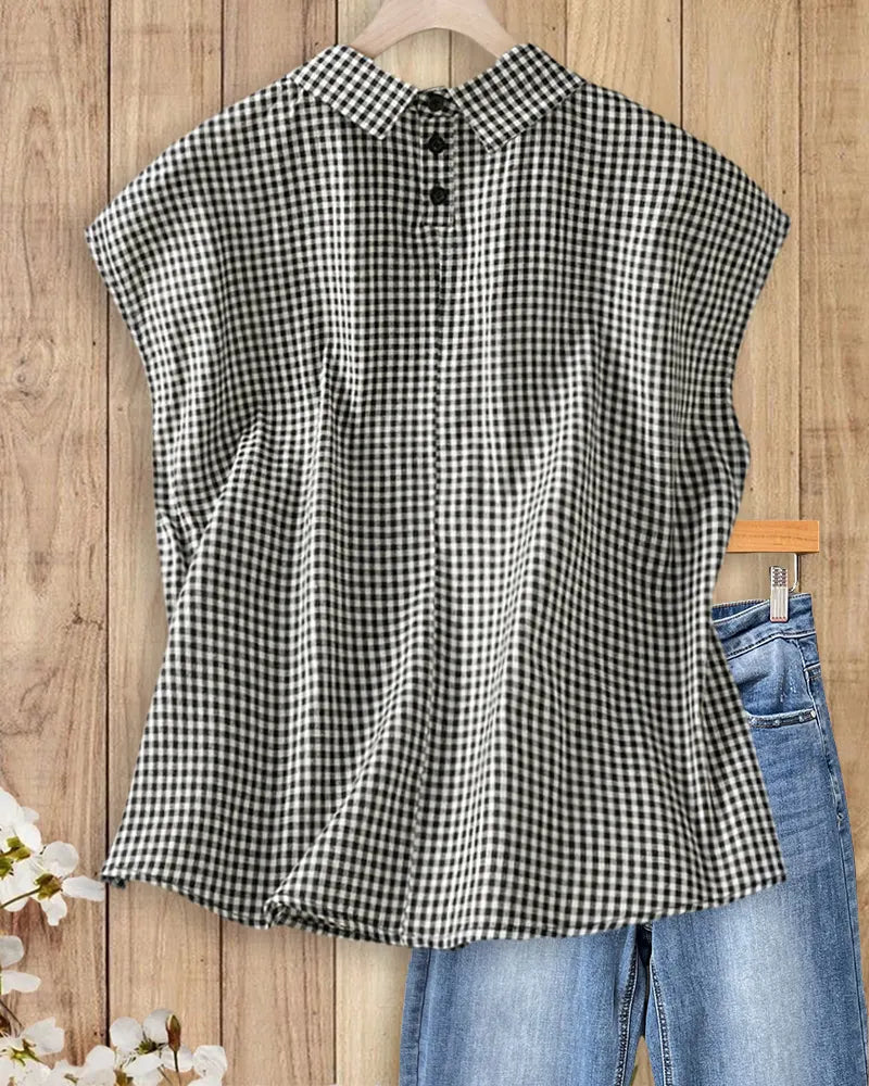 Peter Pan Collar Gingham Cap Sleeve Loose Casual Blouse