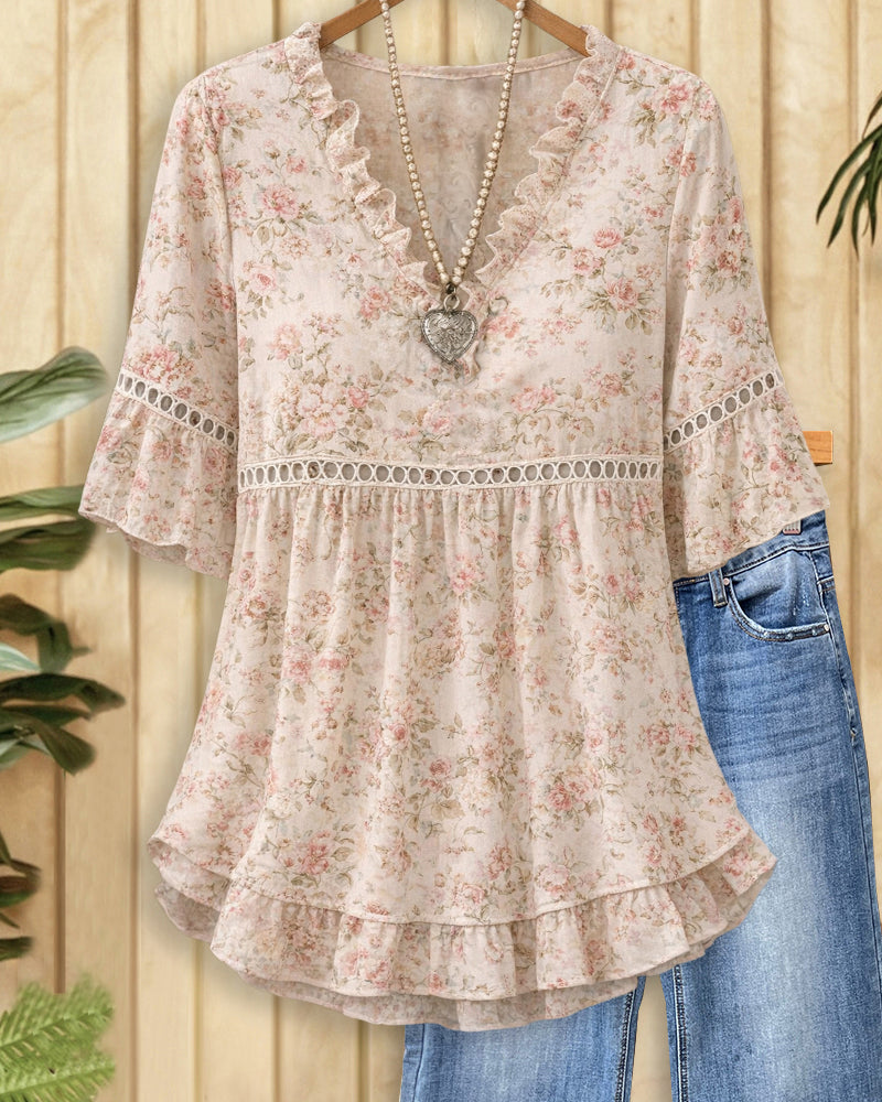 Floral Print Lacy Insert Glamorous Ruffle Sleeve Blouse