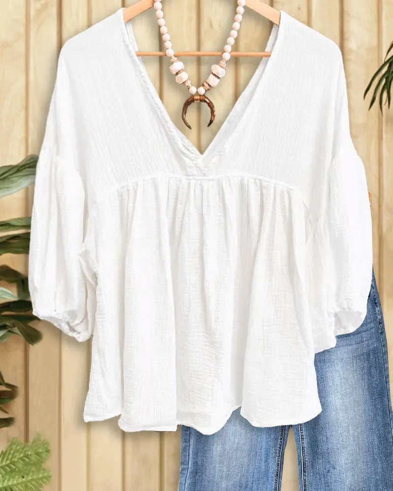 Solid Color V Neck Versatile Babydoll Blouse