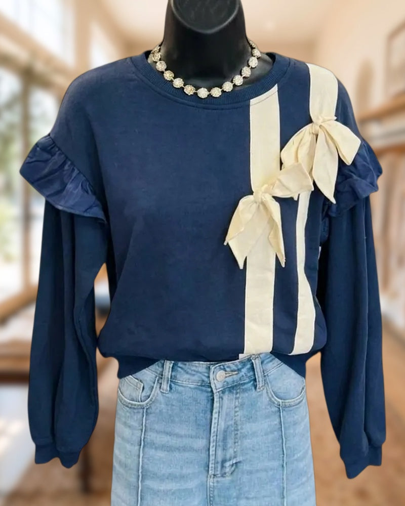 Ruffle Shoulder Bow Embellished Striped Long Sleeve Sweatshirt