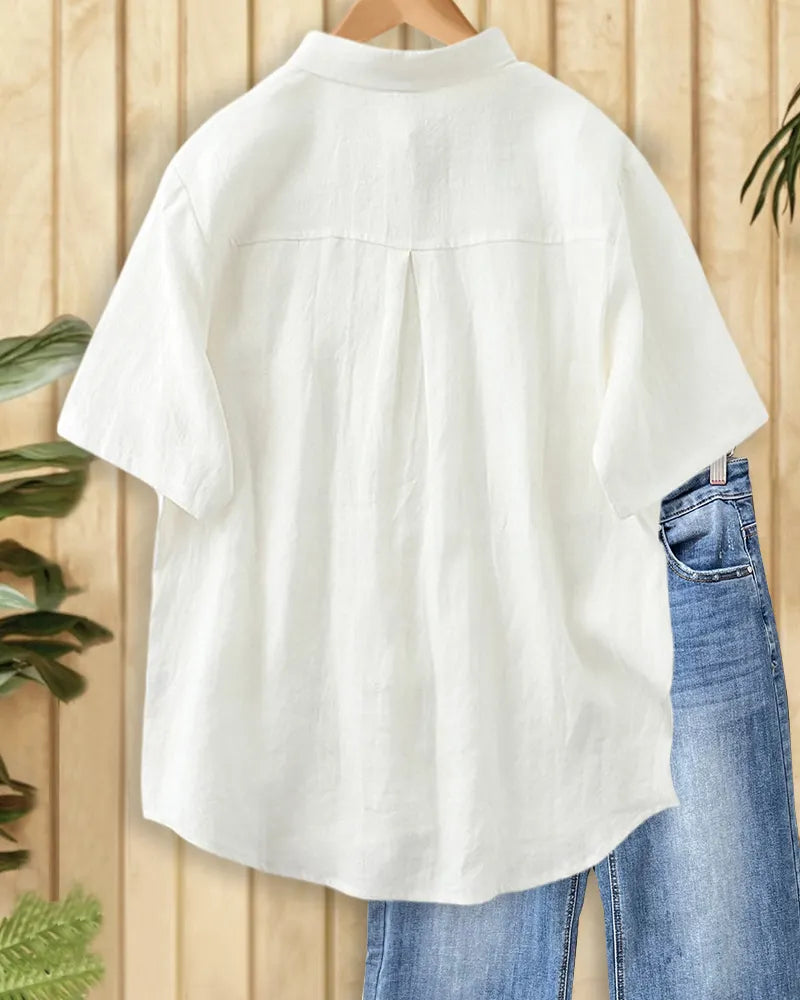 Peter Pan Collar Short Sleeve Button Front Chest Pocket Shirt