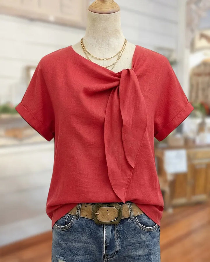 Front Tie Knot Short Sleeve Chic Solid Color Blouse