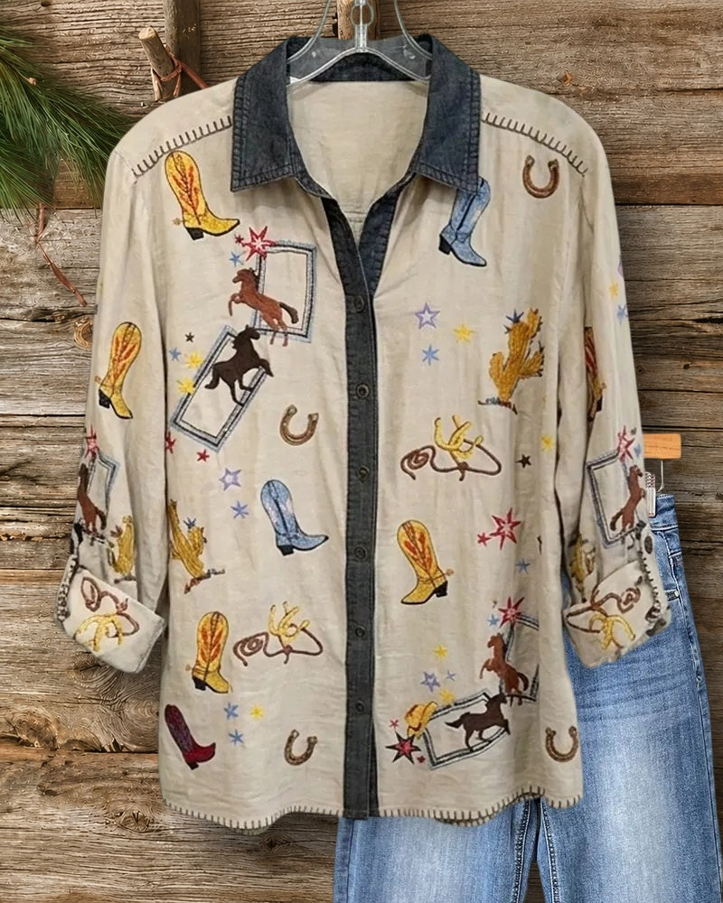 Western Embroidery Contrast Collar 3/4 Sleeve Button Up Shirt