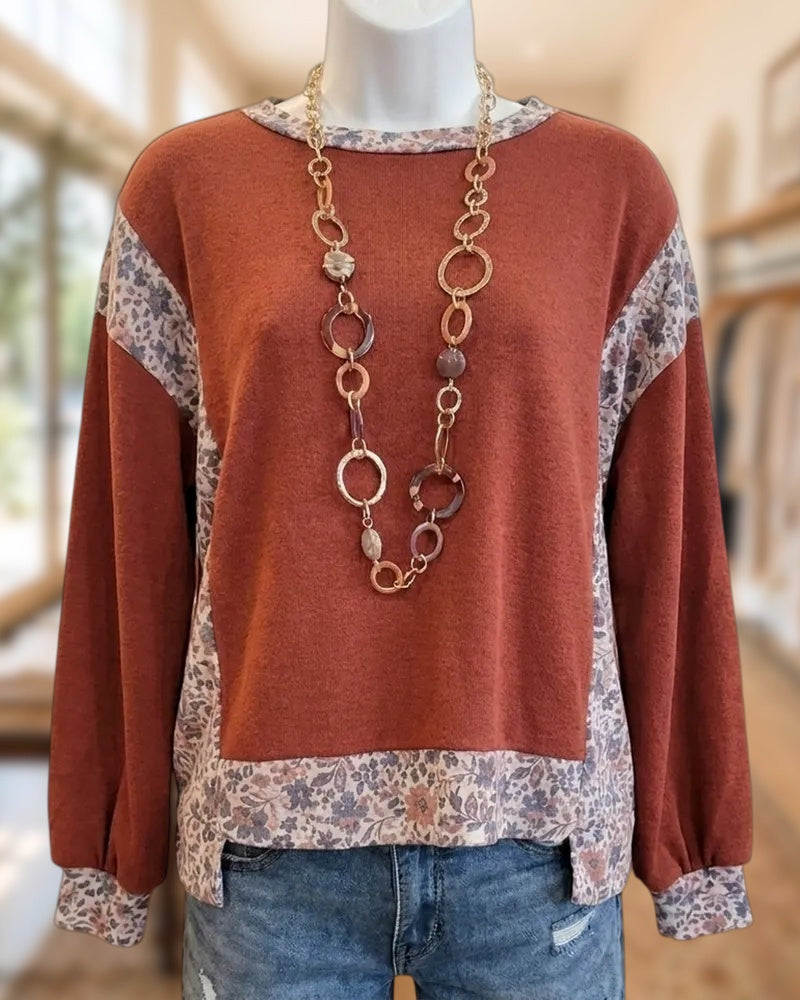 Floral Panel Crew Neck Long Sleeve High Low Sweatshirt