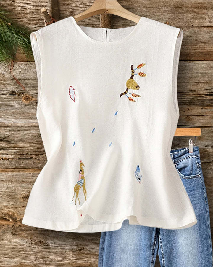 Animal Embroidery Round Neck Tank Top