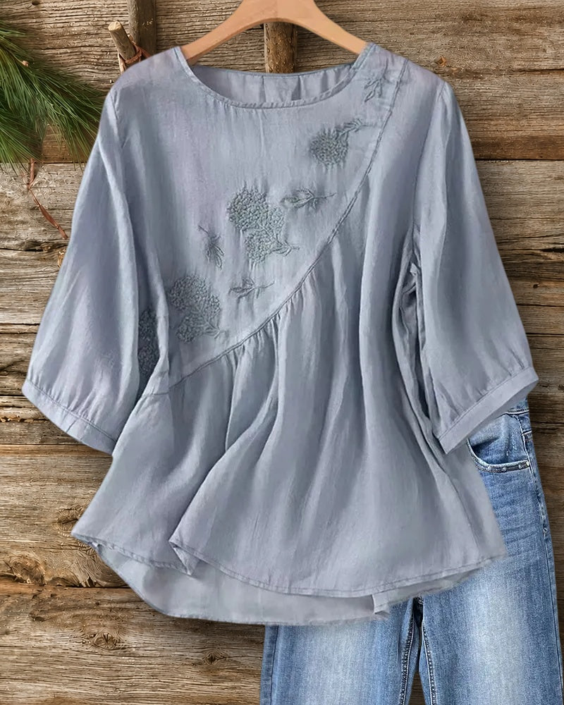 O Neck Embroidered Gathered 3/4 Sleeve Loose Casual Blouse