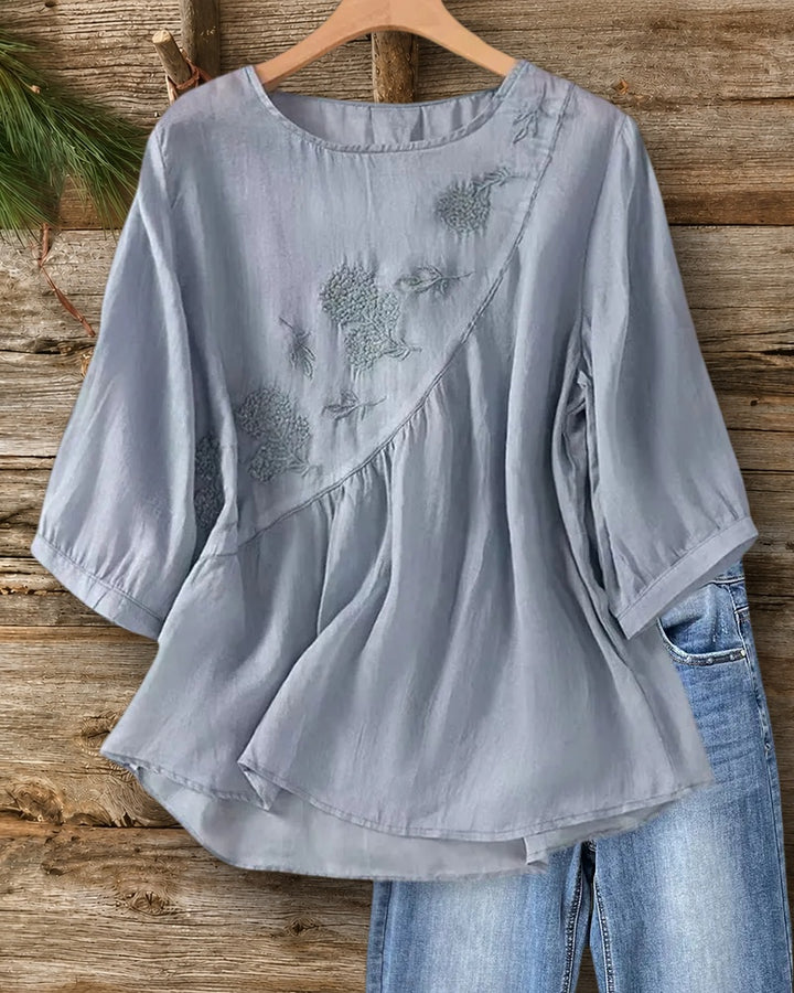 O Neck Embroidered Gathered 3/4 Sleeve Loose Casual Blouse