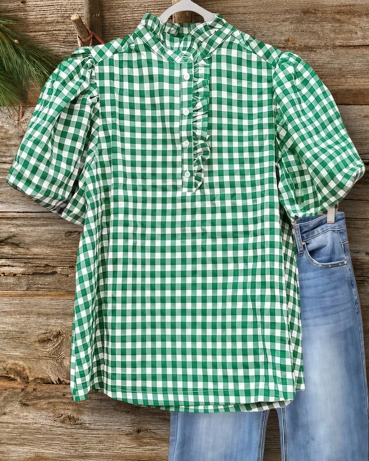 Gingham Feminine Puff Sleeve Button Front Blouse