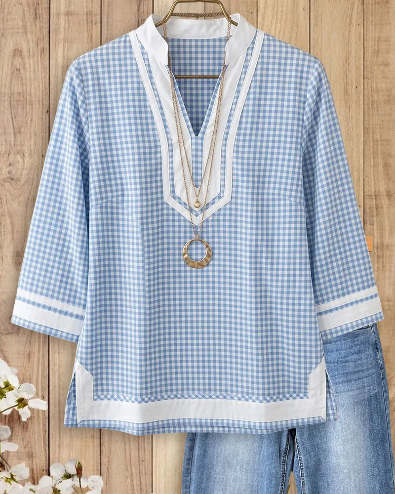 Gingham Contrast Trim V Neck 3/4 Sleeve Casual Blouse