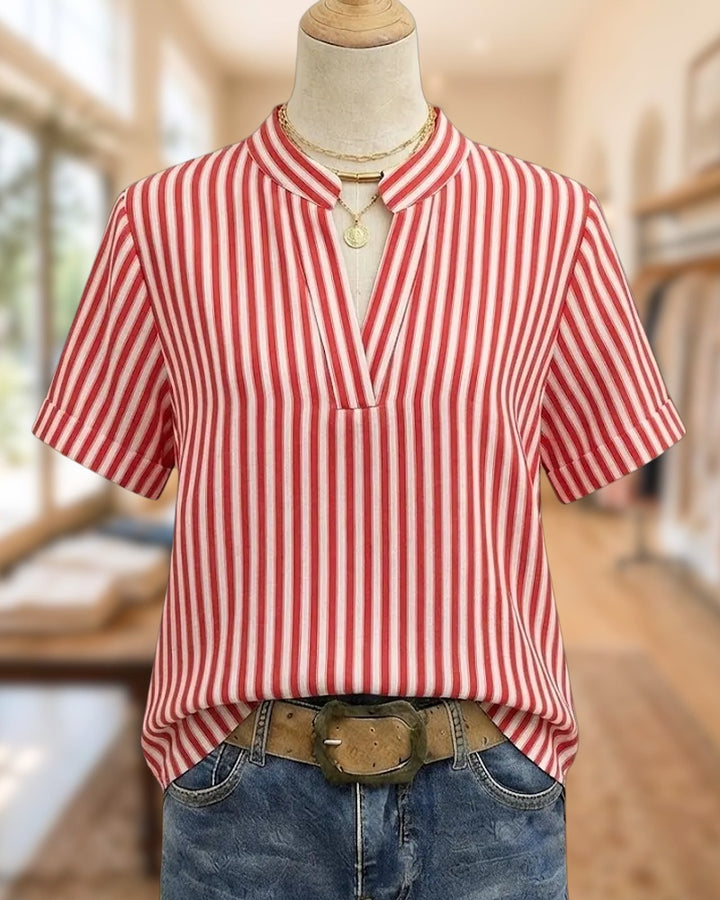 Striped V Neck Short Sleeve Simple Blouse