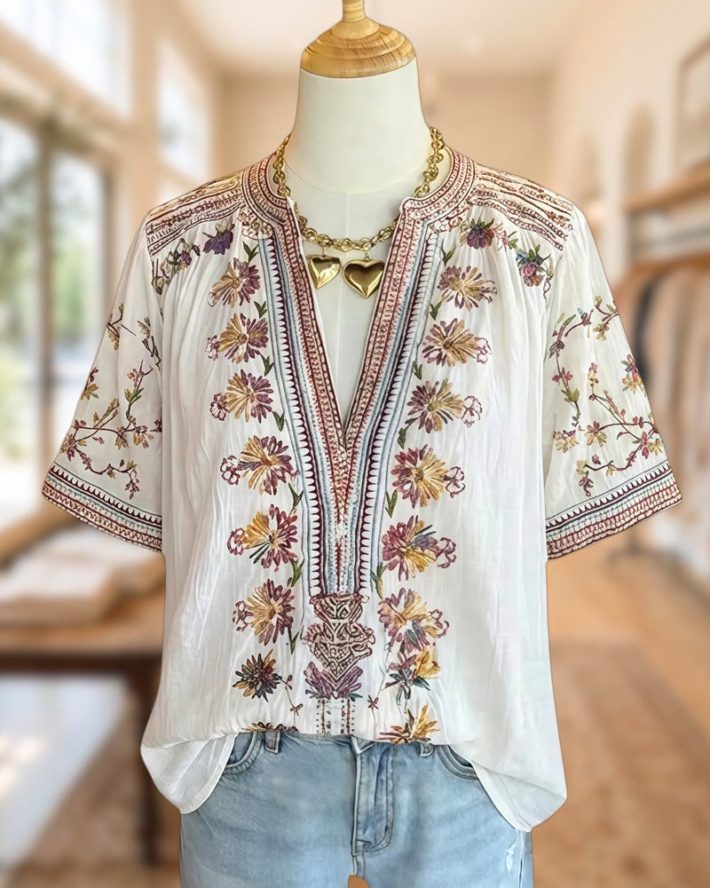 Floral Print V Neck Short Sleeve Loose Boho Blouse