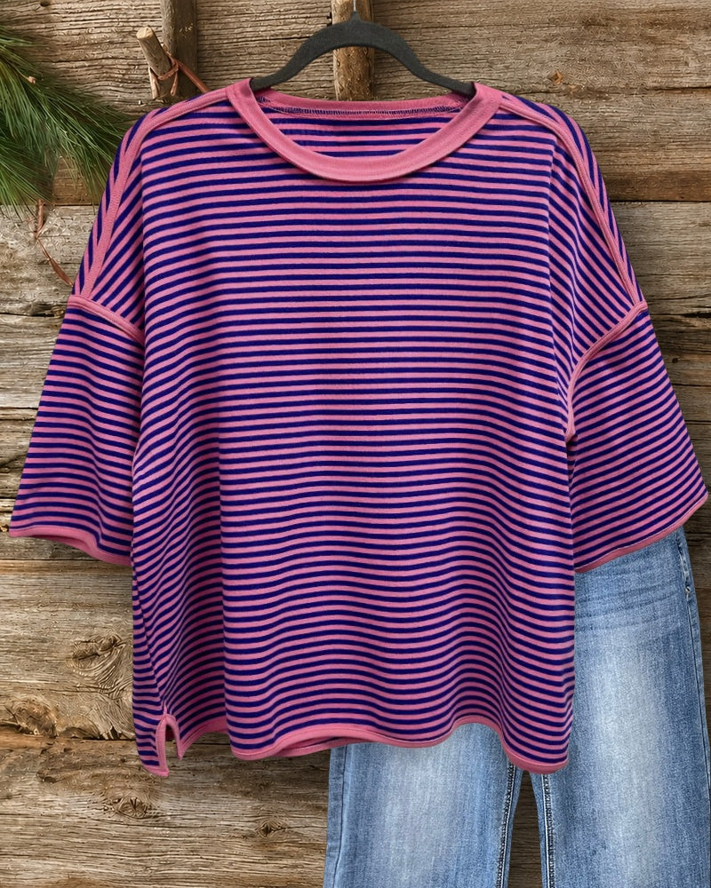Striped Round Neck Relaxed Drop-Shoulder T-Shirt