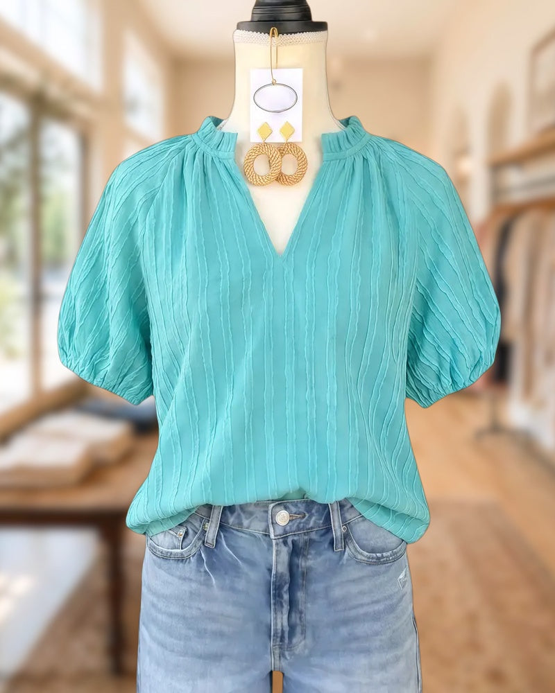 Solid Color V Neck Puff Sleeve Simple Blouse