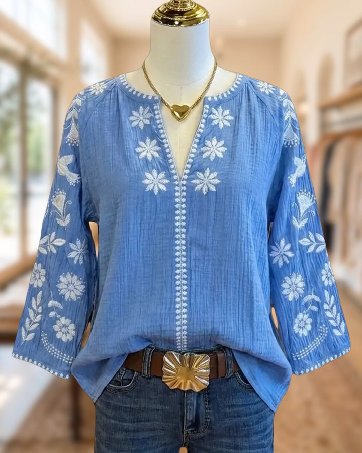 Floral Embroidered Split Neck 3/4 Sleeve Loose Casual Blouse