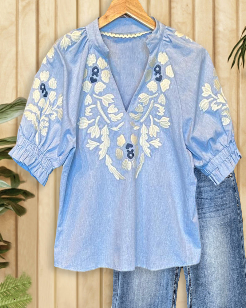 Floral Embroidery Glamorous V Neck Blouse