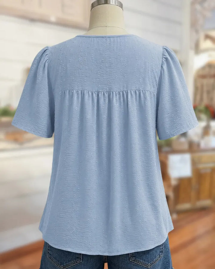 Lace Trim Swiss Dot Short Sleeve Ruched Bust Casual Blouse