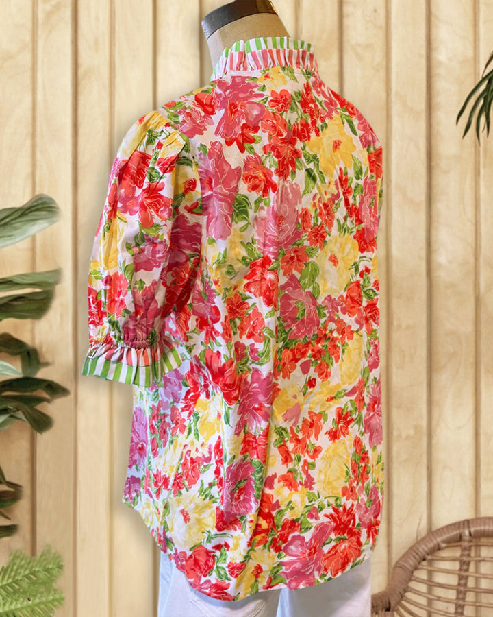Floral Print Striped Trim Bright Puff Sleeve Blouse
