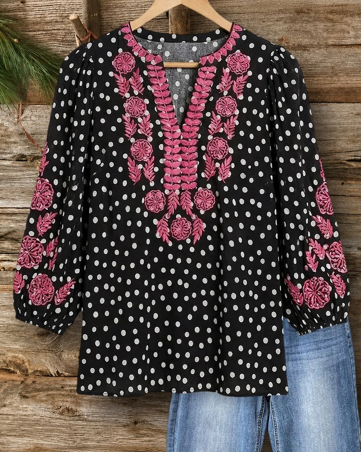 Polka Dot & Floral Embroidery V Neck 3/4 Sleeve Blouse