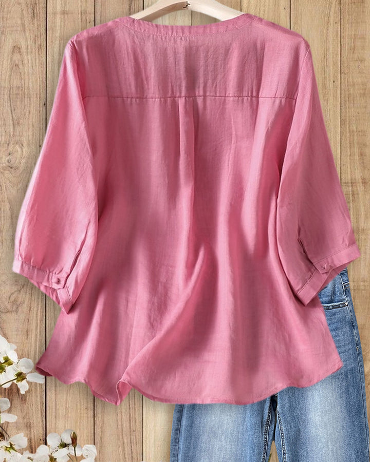 V Neck Floral Embroidery Button Front 3/4 Sleeve Flowy Blouse