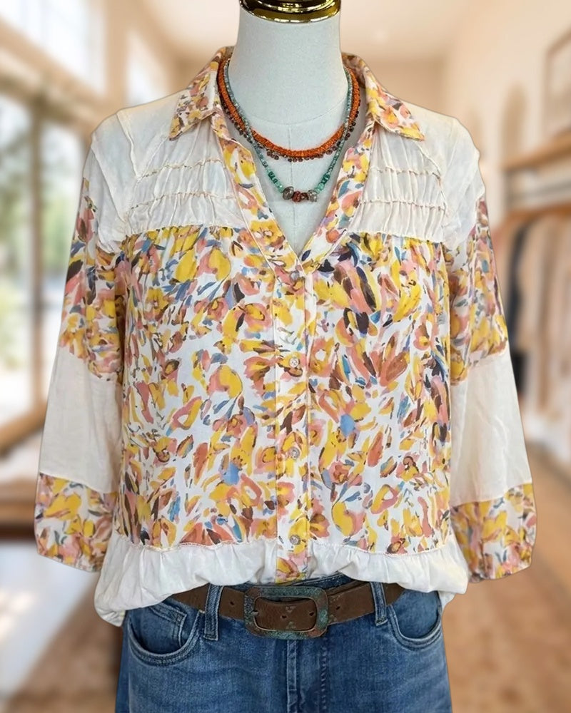 Collared Smocked Yoke Contrast Panel Ruffle Hem Blouse